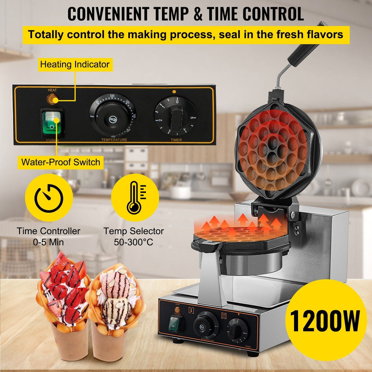 Commercial Bubble Waffle Maker, Hexagonal Mould, 1200W Egg Bubble Puff Iron w/ 360°Rotatable 2 Pans & Bent Handles, Stainless Steel Baker w/ Non-Stick Teflon Coating, 122-572°F Adjustable