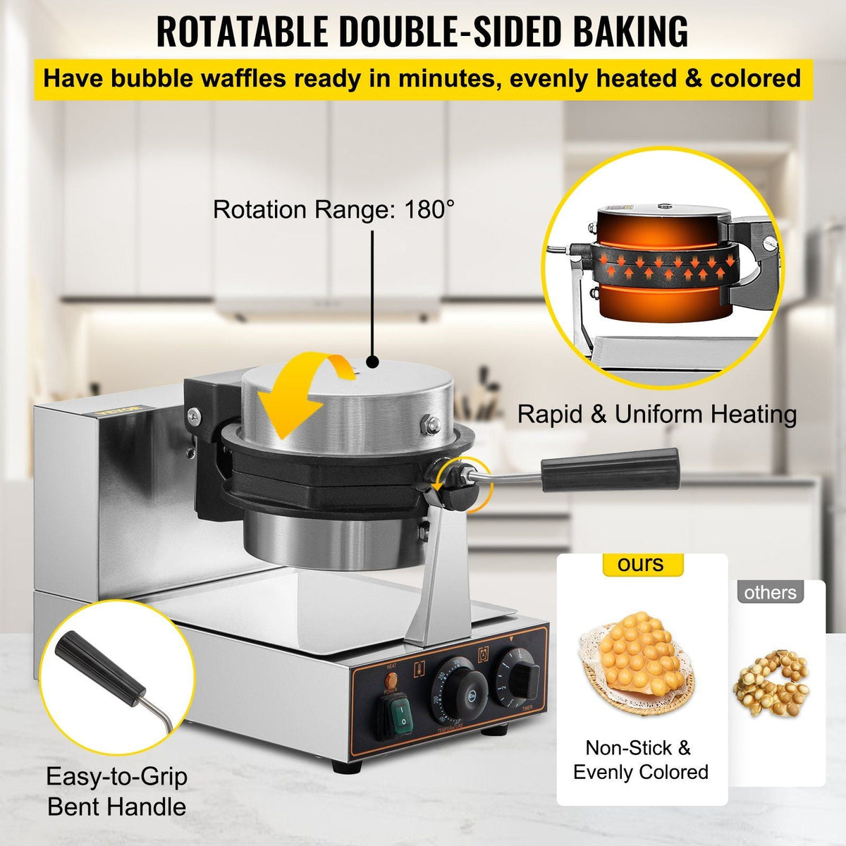 Commercial Bubble Waffle Maker, Hexagonal Mould, 1200W Egg Bubble Puff Iron w/ 360°Rotatable 2 Pans & Bent Handles, Stainless Steel Baker w/ Non-Stick Teflon Coating, 122-572°F Adjustable