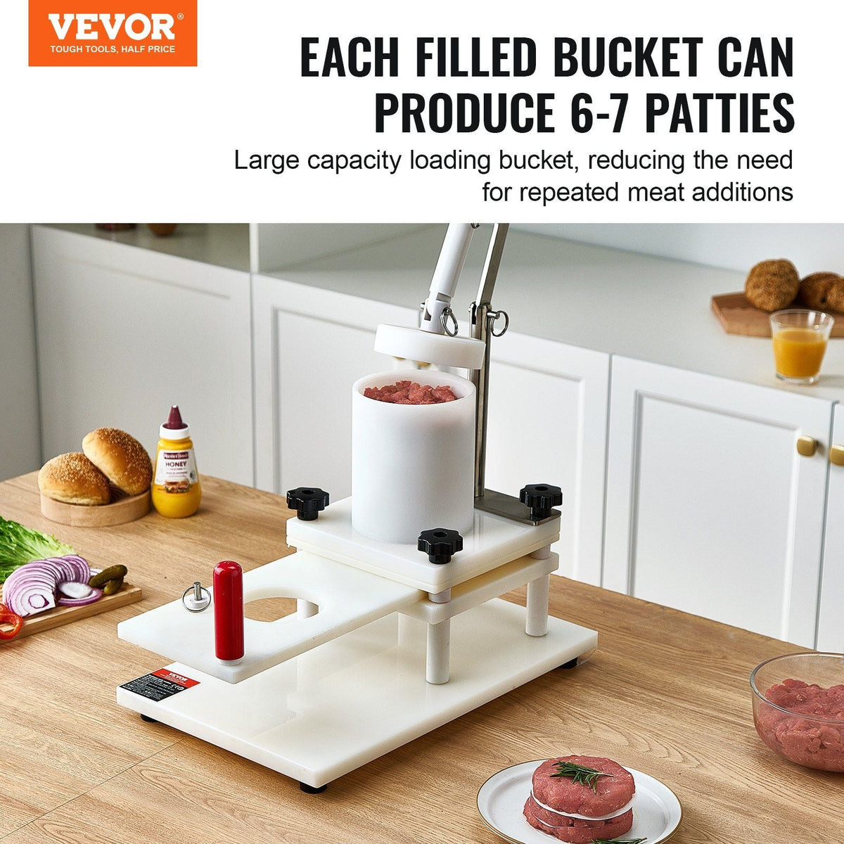 Commercial Burger Patty Maker, 3 Convertible Mold(2/4/5-inch) Manual Beef Patty Maker, 1.5KG Large-Capacity Hopper Hamburger Press Machine, PE Meat Forming Processor with Handle & Patty Paper