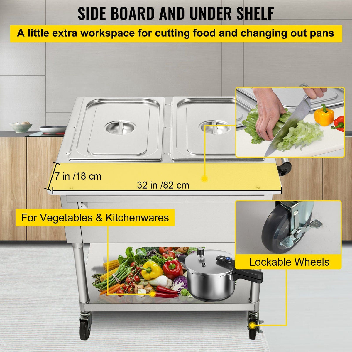 Commercial Electric Food Warmer, 2-Pot Steam Table Food Warmer 0-100°C w/ 2 Lockable Wheels, Professional Stainless Steel Material with ETL Certification for Catering and Restaurants