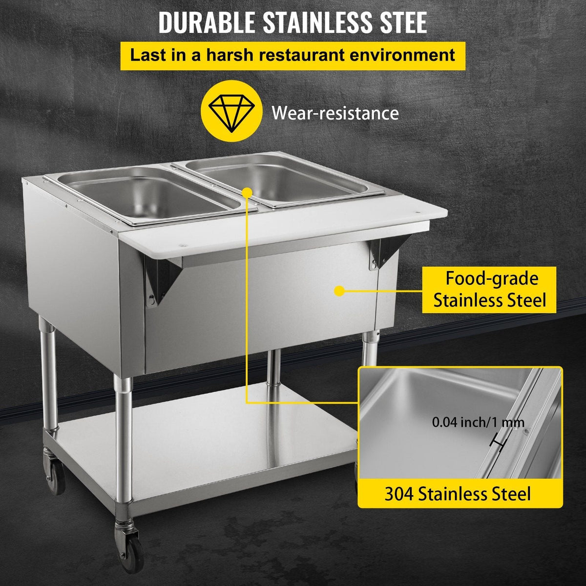Commercial Electric Food Warmer, 2-Pot Steam Table Food Warmer 0-100°C w/ 2 Lockable Wheels, Professional Stainless Steel Material with ETL Certification for Catering and Restaurants