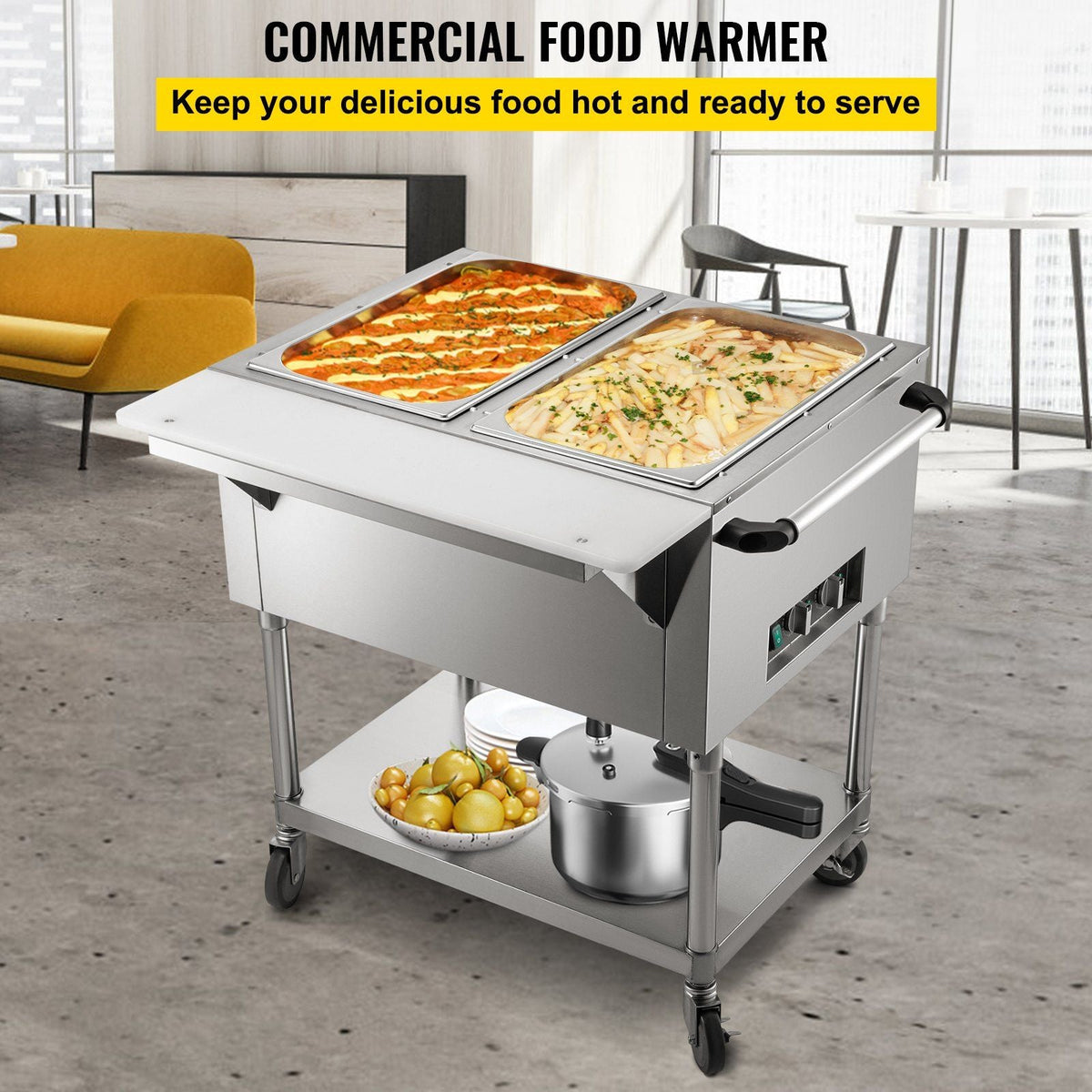 Commercial Electric Food Warmer, 2-Pot Steam Table Food Warmer 0-100°C w/ 2 Lockable Wheels, Professional Stainless Steel Material with ETL Certification for Catering and Restaurants