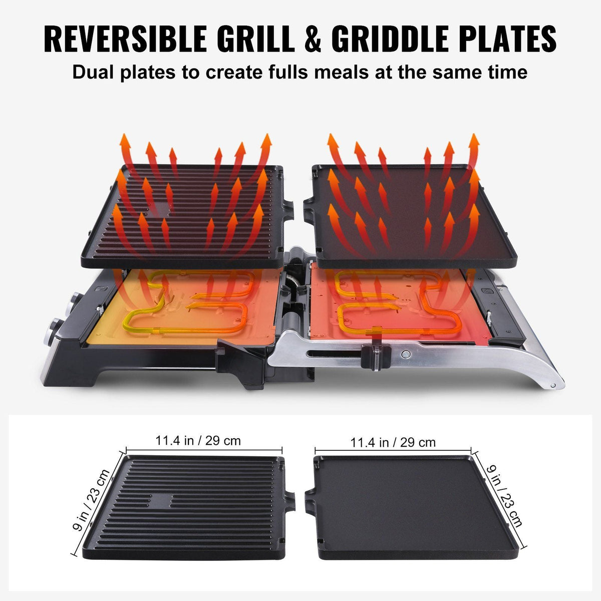 Commercial Electric Griddle, 14.5" 1500W Indoor Countertop Grill, Stainless Steel Restaurant Teppanyaki Grill with Non Stick Iron Cooking Plate, 0-446°F Adjustable Temperature Control, 120V