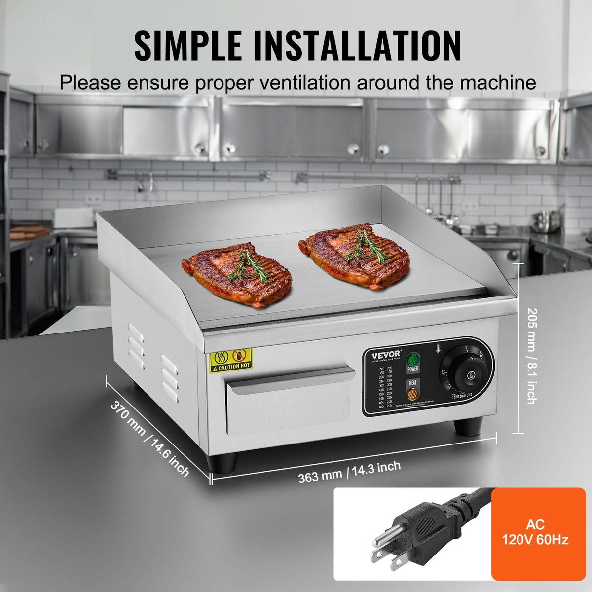 Commercial Electric Griddle, 1700W Countertop Flat Top Grill, 122°F-572 °F Adjustable Temp, 14.17 x 11.81 x 0.39in Stainless Steel Griddle Grill with 2 Shovels and 2 Brushes