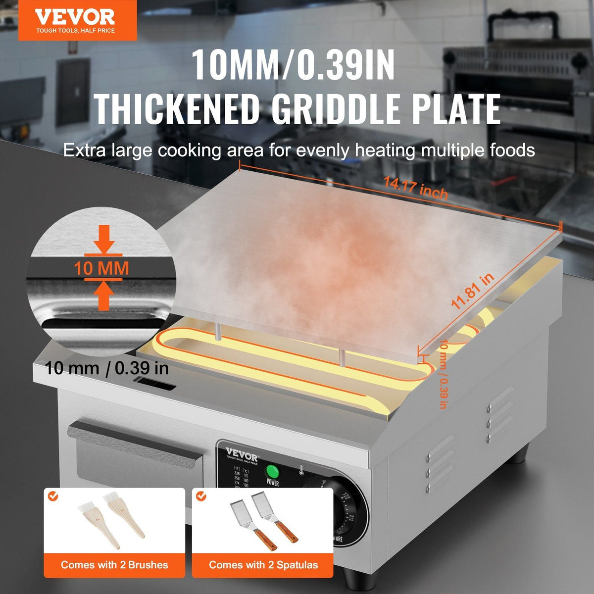 Commercial Electric Griddle, 1700W Countertop Flat Top Grill, 122°F-572 °F Adjustable Temp, 14.17 x 11.81 x 0.39in Stainless Steel Griddle Grill with 2 Shovels and 2 Brushes