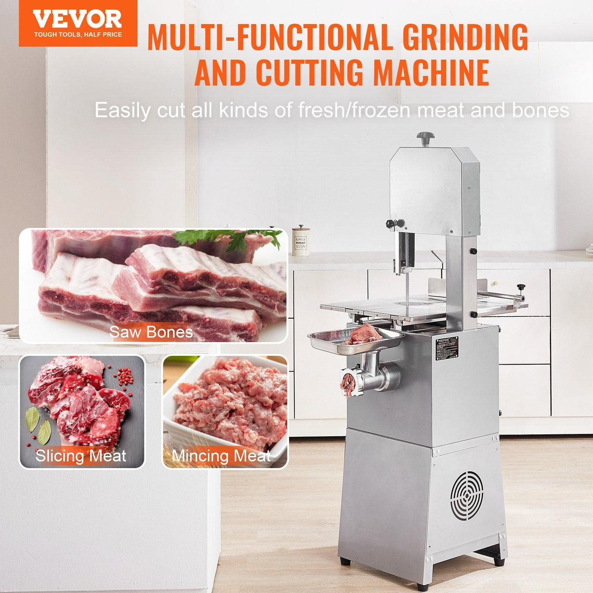 Commercial Electric Meat Bandsaw, 850W Stainless Steel Vertical Bone Sawing Machine, Workbeach 23.6" x 18.3", 0.16-9.1 Inch Cutting Thickness, Frozen Meat Cutter with 2 Blades for Rib Pork Beef
