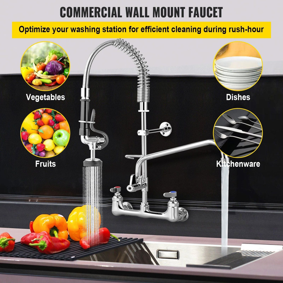 Commercial Faucet Pre-Rinse with Sprayer, 8" Adjustable Center Wall Mount Kitchen Faucet with 12" Swivel Spout, 36" Height Compartment Sink Faucet for Industrial Restaurant, Lead-Free Brass