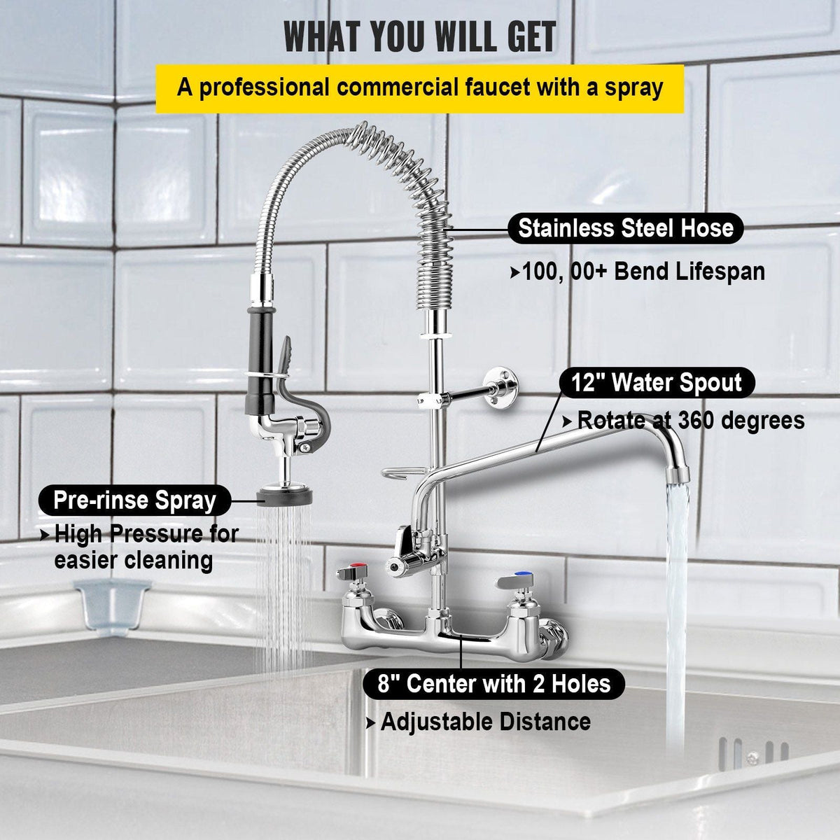 Commercial Faucet Pre-Rinse with Sprayer, 8" Adjustable Center Wall Mount Kitchen Faucet with 12" Swivel Spout, 36" Height Compartment Sink Faucet for Industrial Restaurant, Lead-Free Brass