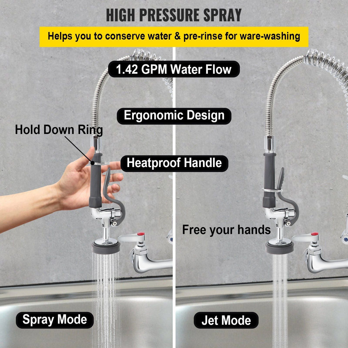 Commercial Faucet Pre-Rinse with Sprayer, 8" Adjustable Center Wall Mount Kitchen Faucet with 12" Swivel Spout, 36" Height Compartment Sink Faucet for Industrial Restaurant, Lead-Free Brass