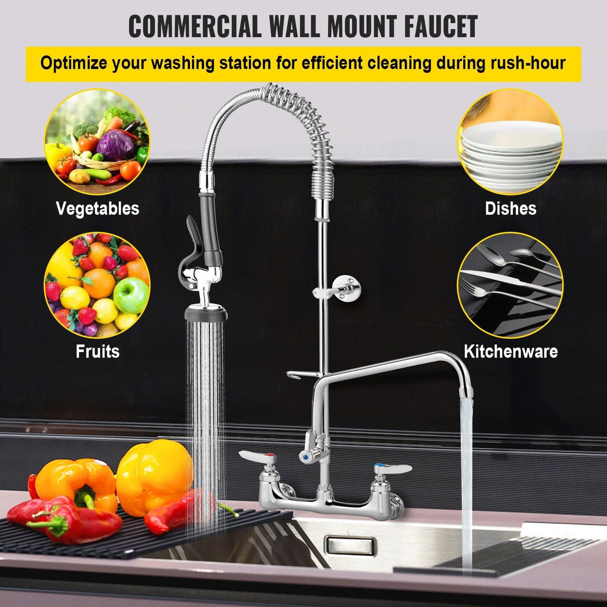 Commercial Faucet with Pre-Rinse Sprayer, 8" Adjustable Center Wall Mount Kitchen Faucet with 12" Swivel Spout, 43" Height Compartment Sink Faucet for Industrial Restaurant, Lead-Free Brass