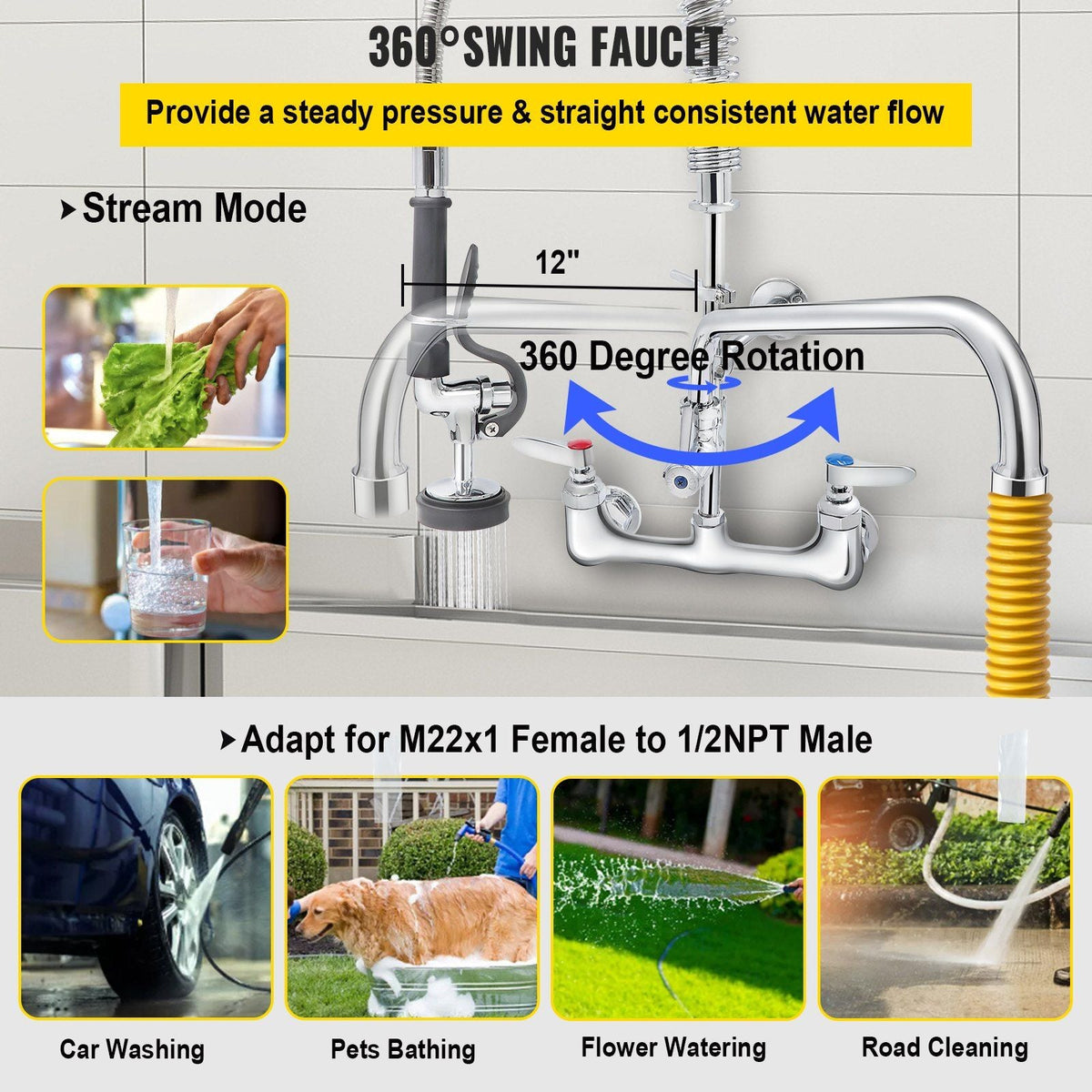 Commercial Faucet with Pre-Rinse Sprayer, 8" Adjustable Center Wall Mount Kitchen Faucet with 12" Swivel Spout, 43" Height Compartment Sink Faucet for Industrial Restaurant, Lead-Free Brass