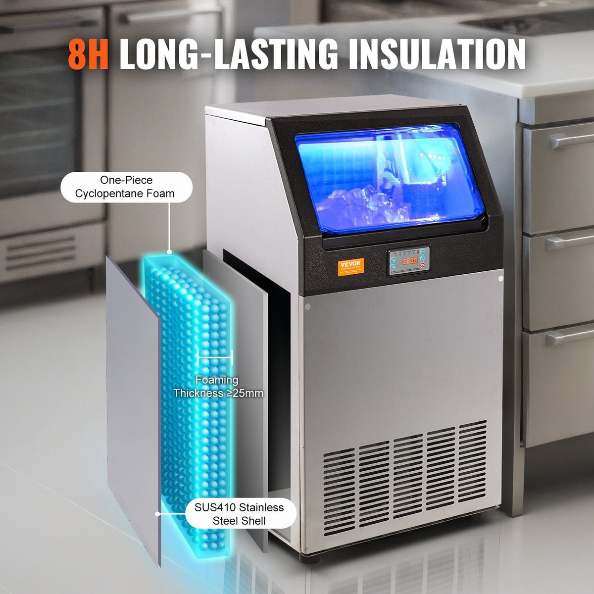 Commercial Ice Maker, 100lbs/24H, Ice Maker Machine, 55 Ice Cubes in 12-15 Minutes, Freestanding Cabinet Ice Maker with 33lbs Storage Capacity LED Digital Display, for Bar Home Office Restaurant