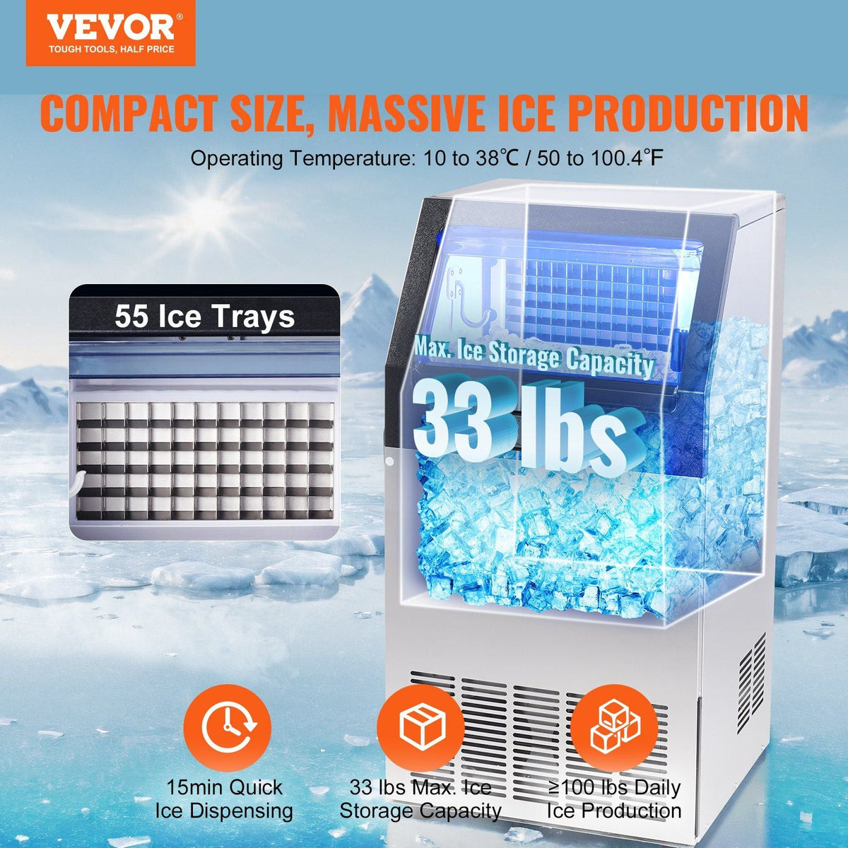 Commercial Ice Maker, 100lbs/24H, Ice Maker Machine, 55 Ice Cubes in 12-15 Minutes, Freestanding Cabinet Ice Maker with 33lbs Storage Capacity LED Digital Display, for Bar Home Office Restaurant