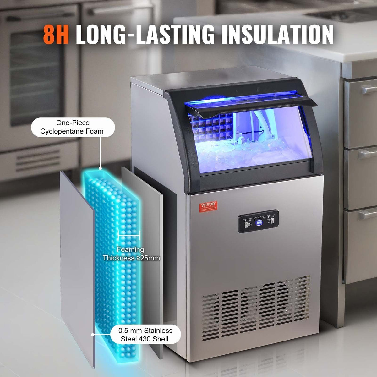 Commercial Ice Maker, 120lbs/24H, Ice Maker Machine, 50 Ice Cubes in 12-15 Minutes, Freestanding Cabinet Ice Maker with 33lbs Storage Capacity LED Digital Display, for Bar Home Office Restaurant