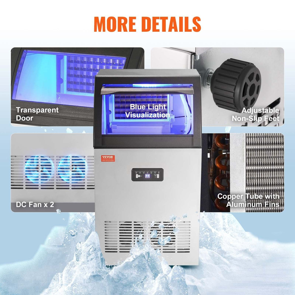 Commercial Ice Maker, 120lbs/24H, Ice Maker Machine, 50 Ice Cubes in 12-15 Minutes, Freestanding Cabinet Ice Maker with 33lbs Storage Capacity LED Digital Display, for Bar Home Office Restaurant