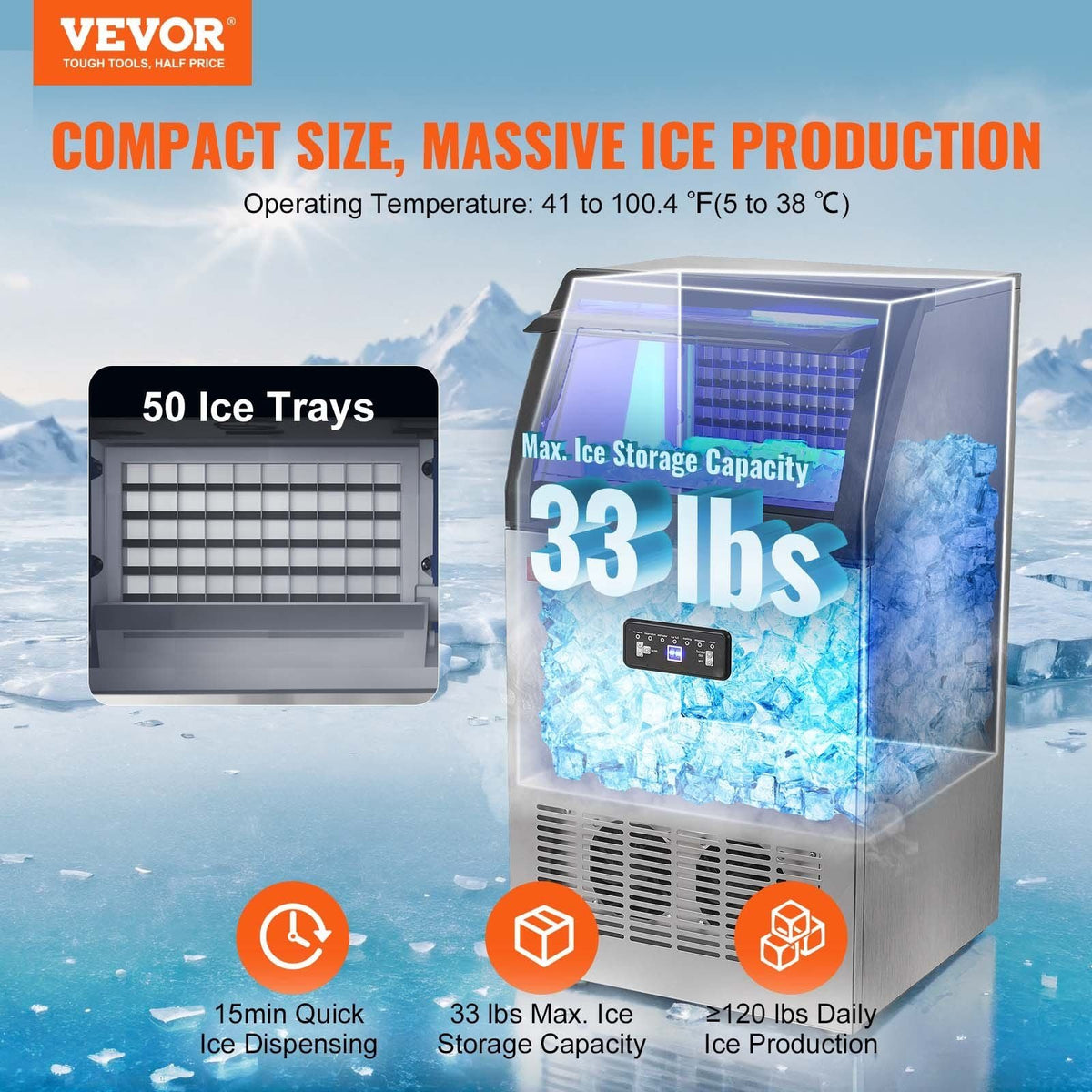 Commercial Ice Maker, 120lbs/24H, Ice Maker Machine, 50 Ice Cubes in 12-15 Minutes, Freestanding Cabinet Ice Maker with 33lbs Storage Capacity LED Digital Display, for Bar Home Office Restaurant