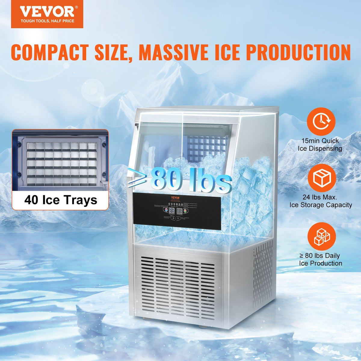 Commercial Ice Maker, 80lbs/24H, Ice Maker Machine, 40 Ice Cubes in 12-15 Minutes, Freestanding Cabinet Ice Maker with 24lbs Storage Capacity LED Digital Display, for Bar Home Office Restaurant