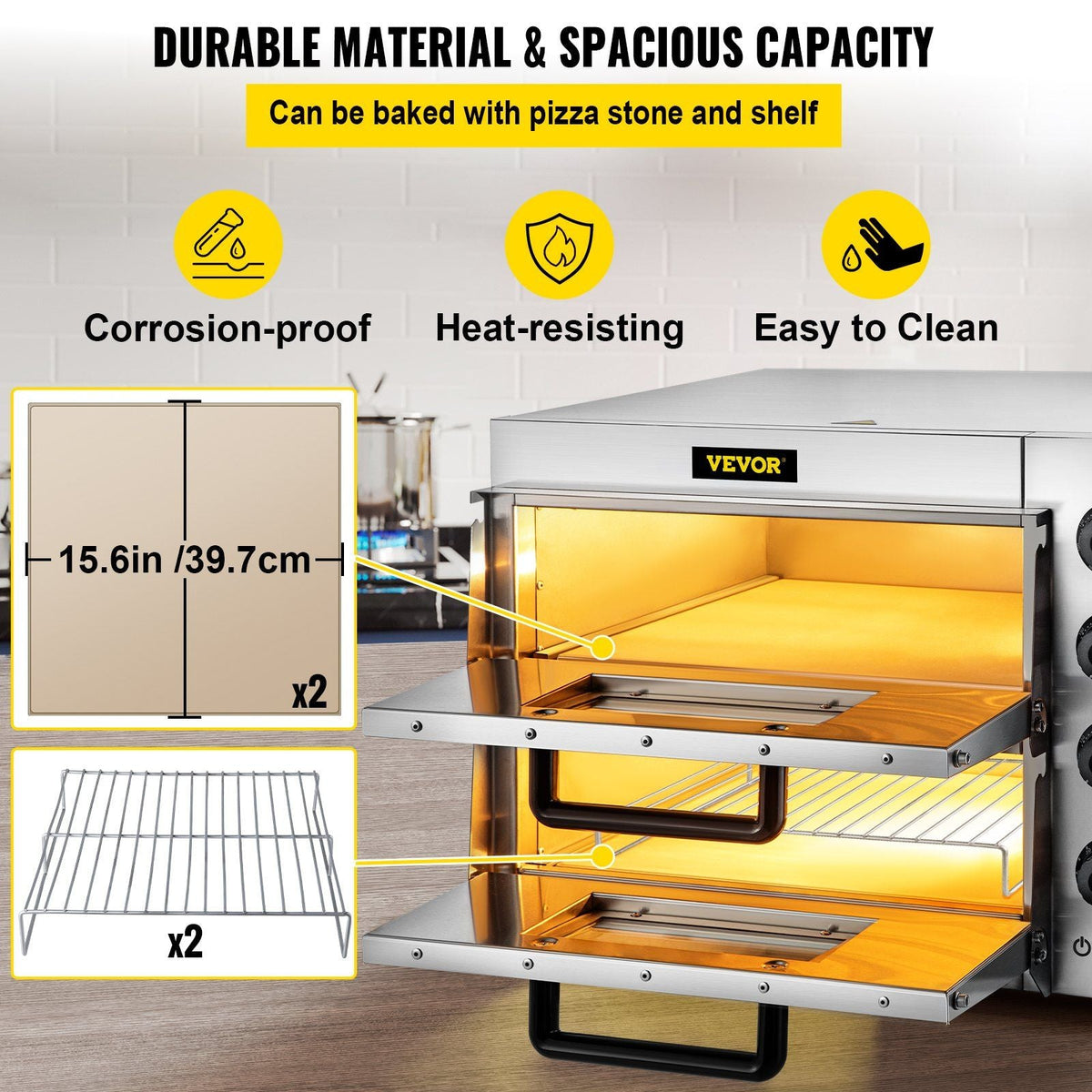 Commercial Pizza Oven Countertop, 14" Double Deck Layer, 110V 1950W Stainless Steel Electric Pizza Oven with Stone and Shelf, Multipurpose Indoor Pizza Maker for Restaurant Home Pretzels Baked