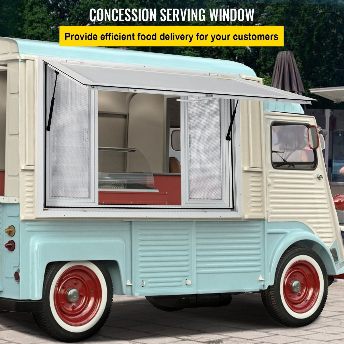 Concession Window, 36 x 36 inch, Aluminum Alloy Food Truck Service Window with 4 Horizontal Sliding Screen Windows & Awning Door & Drag Hook, Serving Window for Food Trucks Concession Trailers