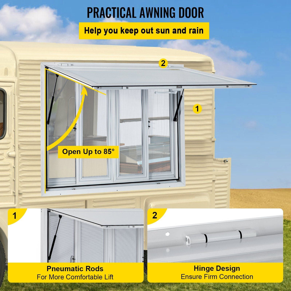 Concession Window, 36 x 36 inch, Aluminum Alloy Food Truck Service Window with 4 Horizontal Sliding Screen Windows & Awning Door & Drag Hook, Serving Window for Food Trucks Concession Trailers