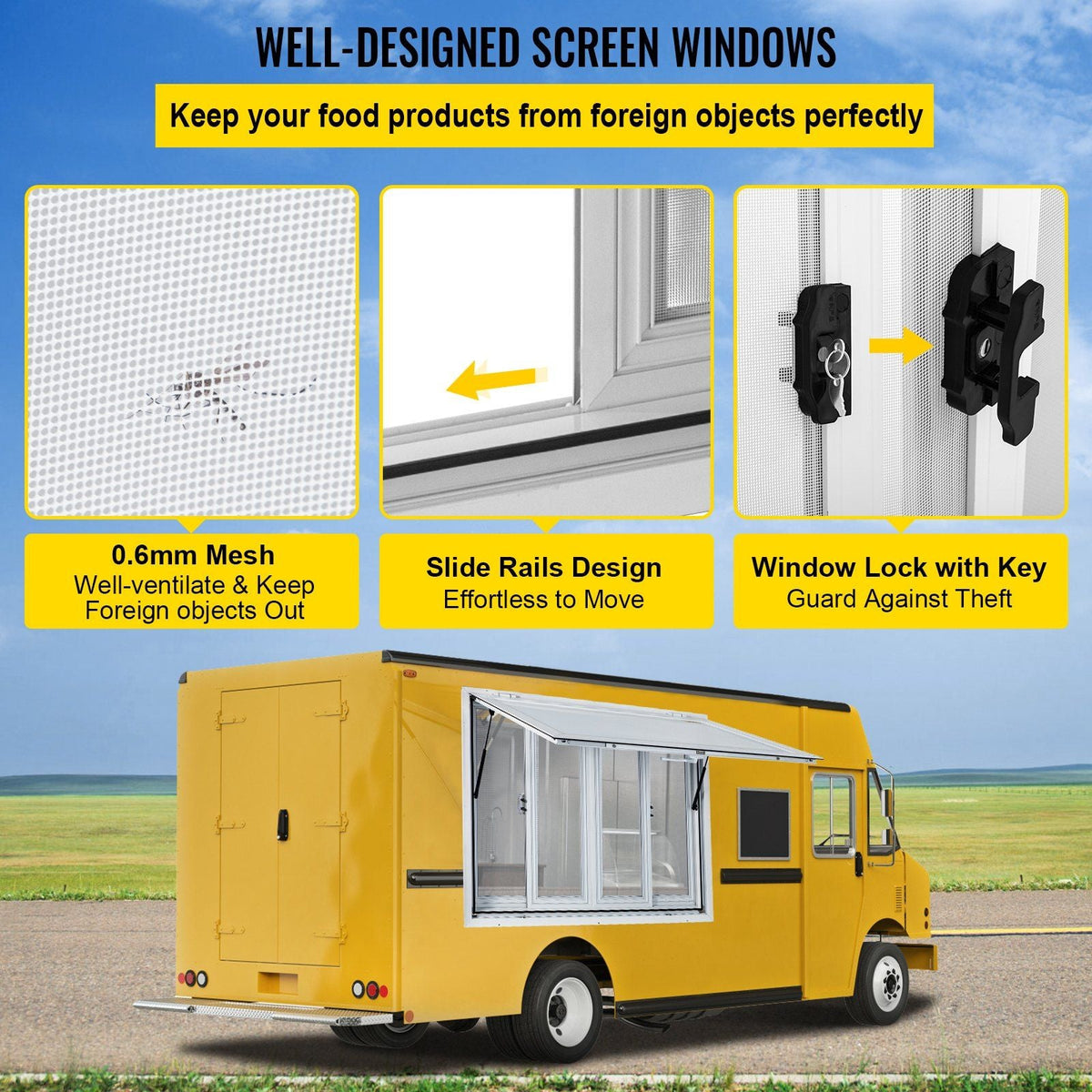 Concession Window, 36 x 36 inch, Aluminum Alloy Food Truck Service Window with 4 Horizontal Sliding Screen Windows & Awning Door & Drag Hook, Serving Window for Food Trucks Concession Trailers