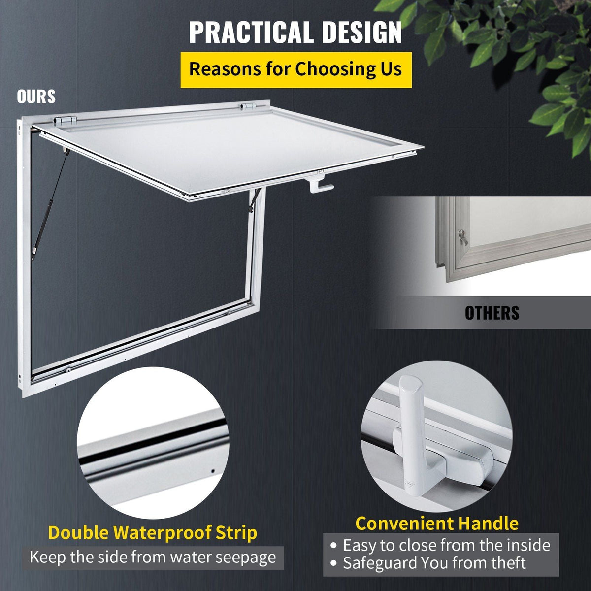 Concession Window 36 x 36 Inch, Concession Stand Serving Window Door with Double-Point Fork Lock, Concession Awning Door Up to 85 degrees for Food Trucks, Glass Not Included