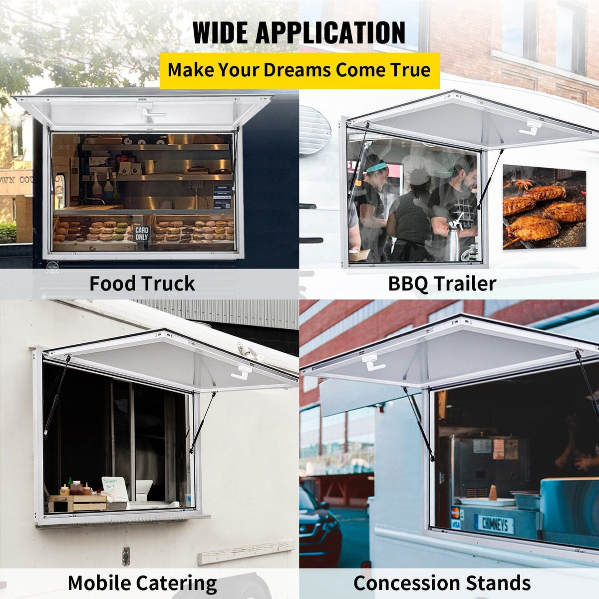 Concession Window 60 x 36 Inch, Concession Stand Serving Window Door with Double-Point Fork Lock, Concession Awning Door Up to 85 degrees for Food Trucks, Glass Not Included