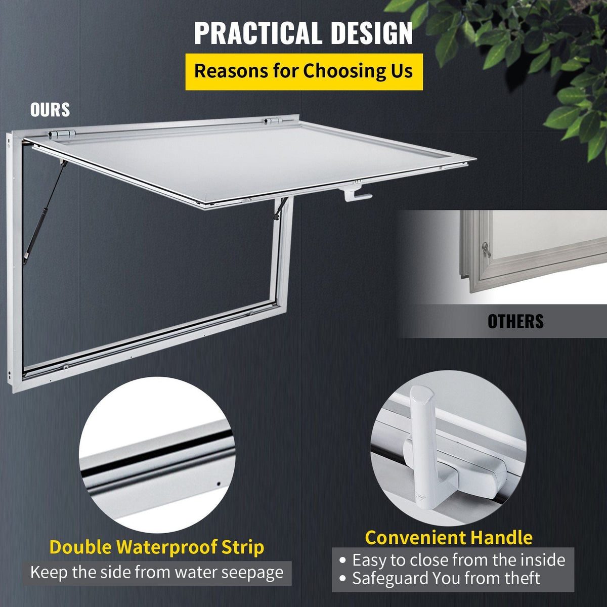 Concession Window 60 x 36 Inch, Concession Stand Serving Window Door with Double-Point Fork Lock, Concession Awning Door Up to 85 degrees for Food Trucks, Glass Not Included