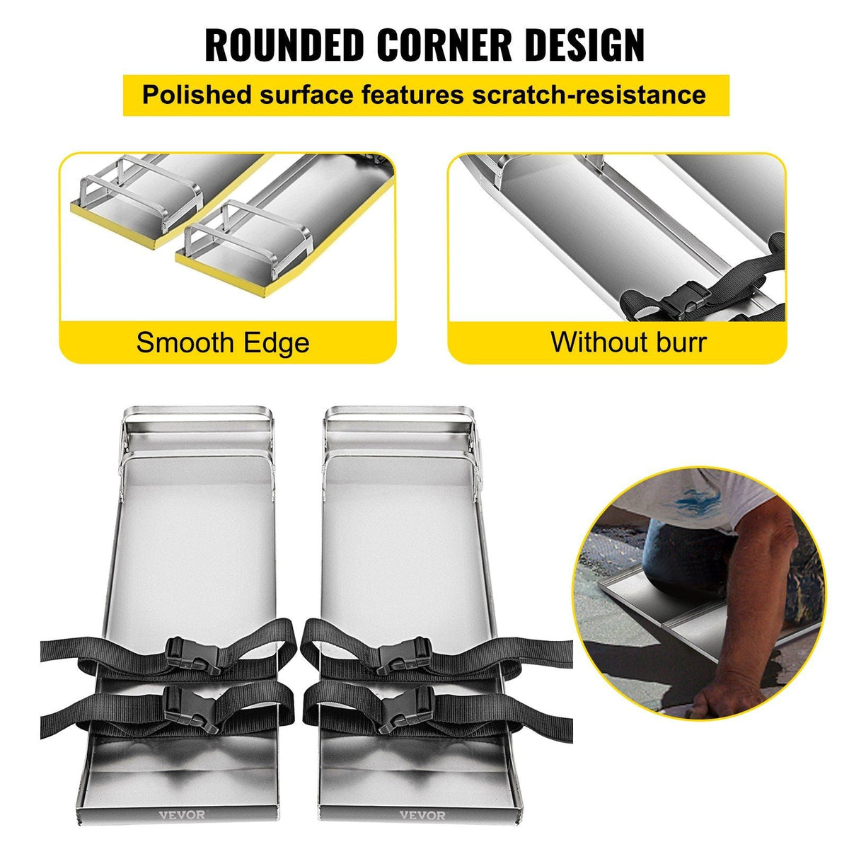 Concrete Knee Boards 30'' x 8'' Slider Knee Boards, Kneeler Board Stainless Steel Kneeboards, Concrete Sliders Pair Moving Sliders, w/Concrete Board Straps for Cement and Concrete Finishing