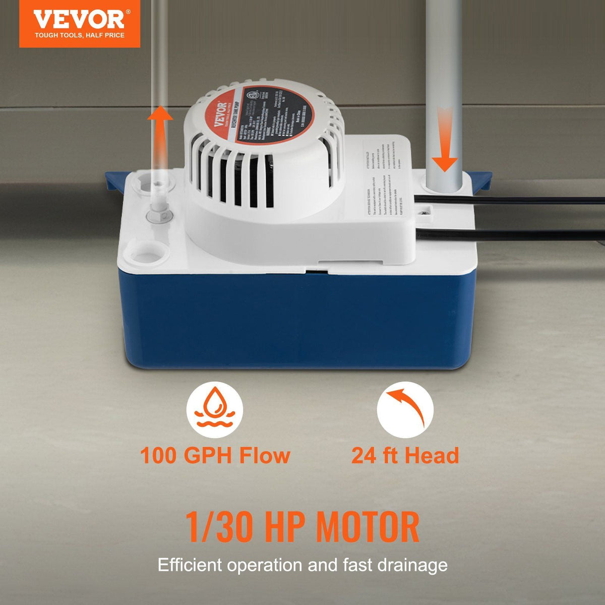 Condensate Removal Pump, 1/30 HP, 100 GPH, 24 ft Lift, 115V Automatic AC Condensation Pump with Safety Switch & 20' Tubing for Air Conditioner, Dehumidifier, HVAC, Furnace, Ice Maker Water Drain