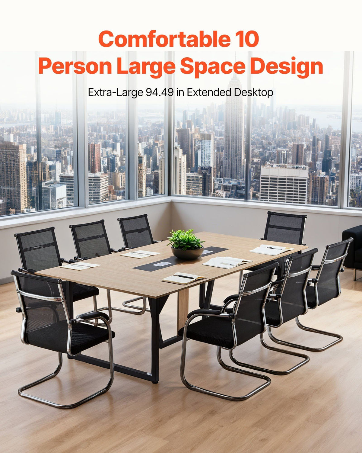 Conference Table, 8 ft Office Meeting Table for 10 Person, Modern Rectangle Seminar Desk with Metal Legs, Large Meeting Desk Ideal for Office, Boardroom, Conference Room, Easy Assembly, Brown