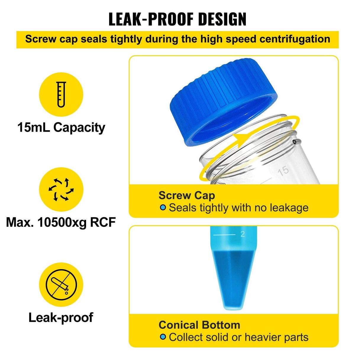 Conical Centrifuge Tubes, 15mL, 500Pcs PP Graduated Container w/ Leak-proof Screw Cap, Write Mark & Test Tube Rack, DN/RNase Free, for Lab Sample Storage & Separate, Blue & Orange
