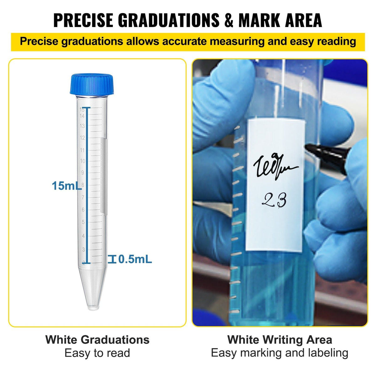 Conical Centrifuge Tubes, 15mL, 500Pcs PP Graduated Container w/ Leak-proof Screw Cap, Write Mark & Test Tube Rack, DN/RNase Free, for Lab Sample Storage & Separate, Blue & Orange