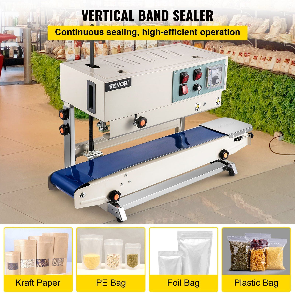 Continuous Band Sealer, 0.24-0.6 in/6-15 mm Seal Width, FR900 110V/60Hz Horizontal Sealing Machine, Band Heat Sealer with Digital Temperature Control for PVC Membrane Bag Film