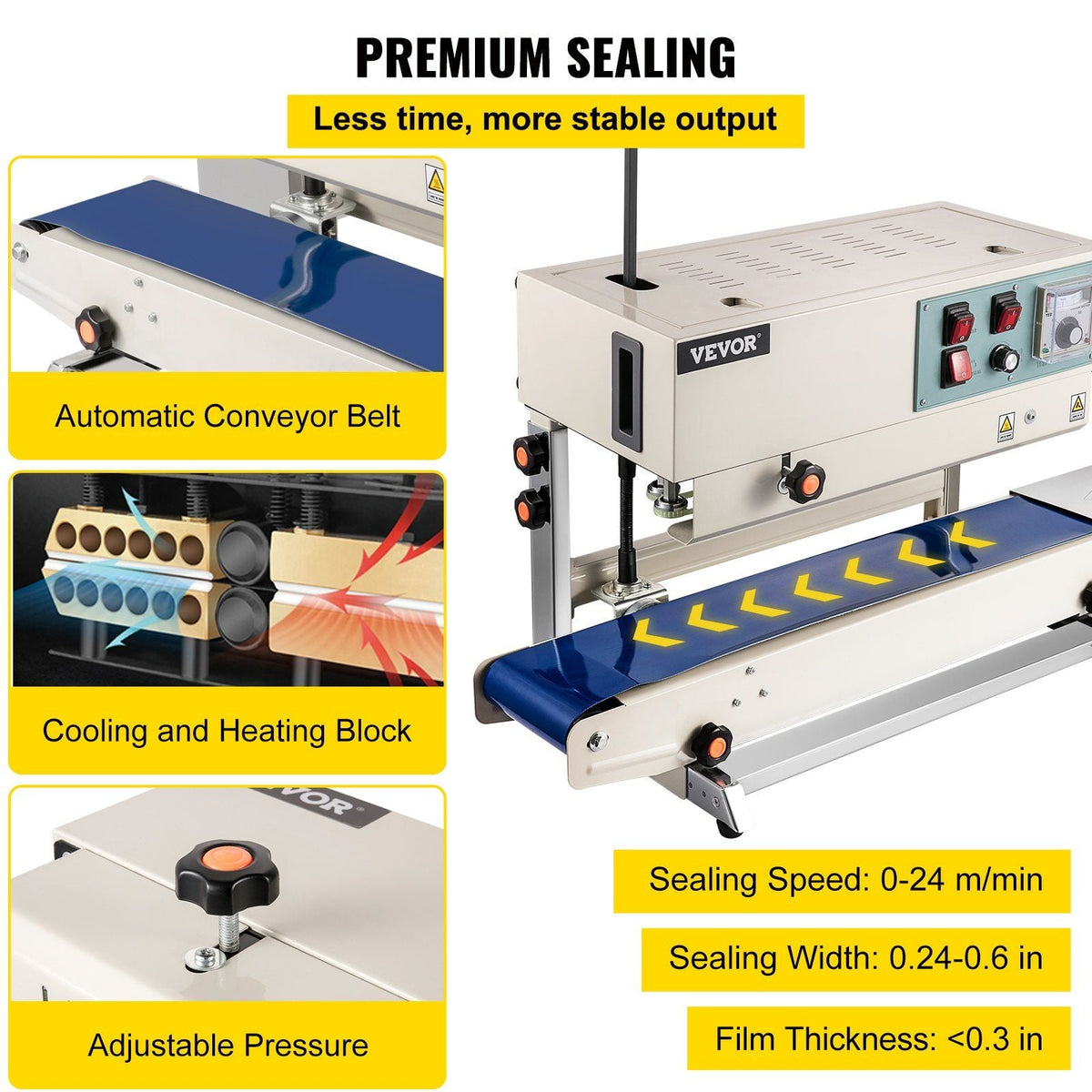 Continuous Band Sealer, 0.24-0.6 in/6-15 mm Seal Width, FR900 110V/60Hz Horizontal Sealing Machine, Band Heat Sealer with Digital Temperature Control for PVC Membrane Bag Film