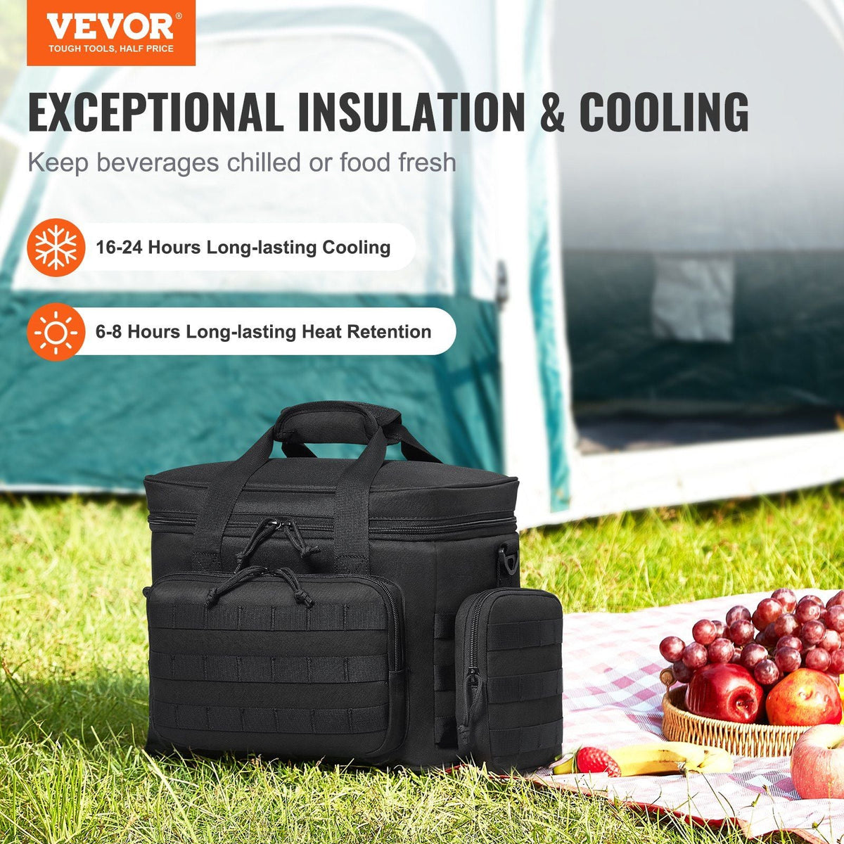 Cooler Bag, 20L Insulated Lunch Bag with Molle Design and Multi-Pocket, 600D Cooler Lunch Box with Removable Storage Bags, Soft Cooler for Office, Picnic, Hiking, Beach or Beverage, Black