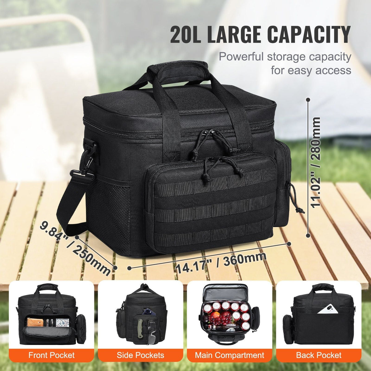 Cooler Bag, 20L Insulated Lunch Bag with Molle Design and Multi-Pocket, 600D Cooler Lunch Box with Removable Storage Bags, Soft Cooler for Office, Picnic, Hiking, Beach or Beverage, Black