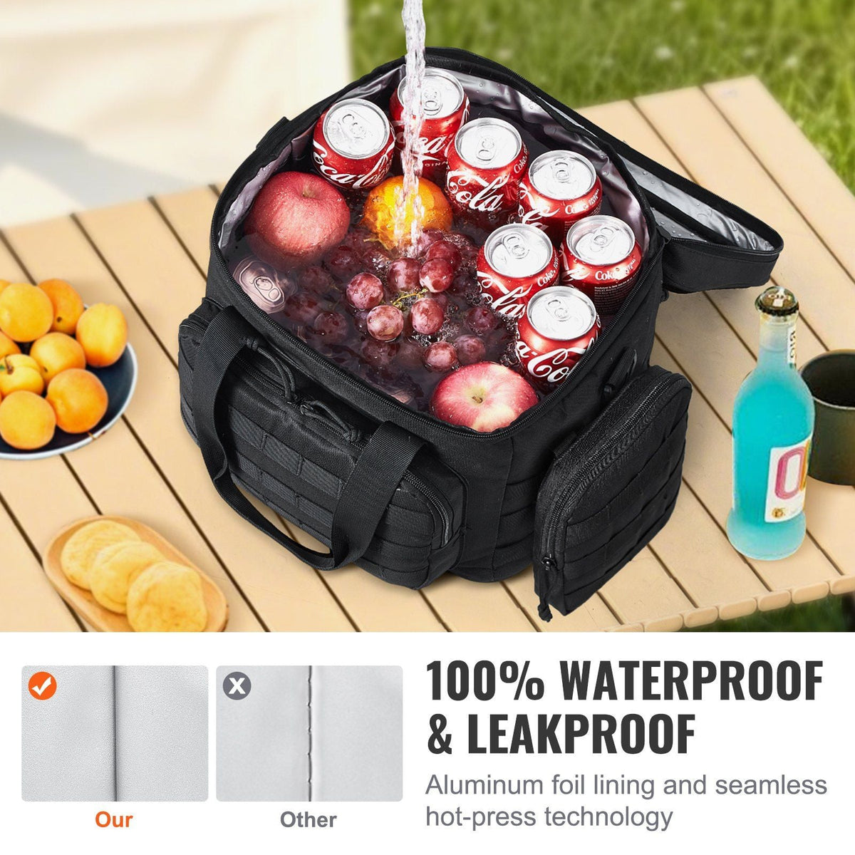 Cooler Bag, 20L Insulated Lunch Bag with Molle Design and Multi-Pocket, 600D Cooler Lunch Box with Removable Storage Bags, Soft Cooler for Office, Picnic, Hiking, Beach or Beverage, Black