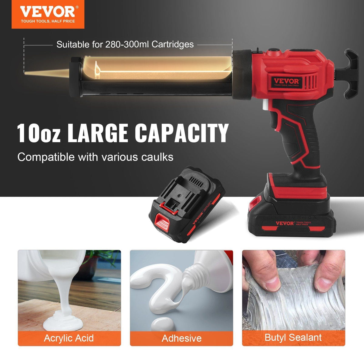 Cordless Caulking Gun 10oz/300ml, 20V Electric Caulking Gun with 4 Adjustable Speeds, Anti-Drip Battery Powered Adhesive Caulk Gun & 2.0AH Battery, Fast Charger, LED Light for Filling, Sealing