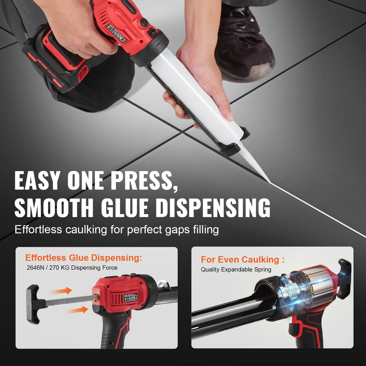Cordless Caulking Gun 10oz/300ml, 20V Electric Caulking Gun with 4 Adjustable Speeds, Anti-Drip Battery Powered Adhesive Caulk Gun & 2.0AH Battery, Fast Charger, LED Light for Filling, Sealing