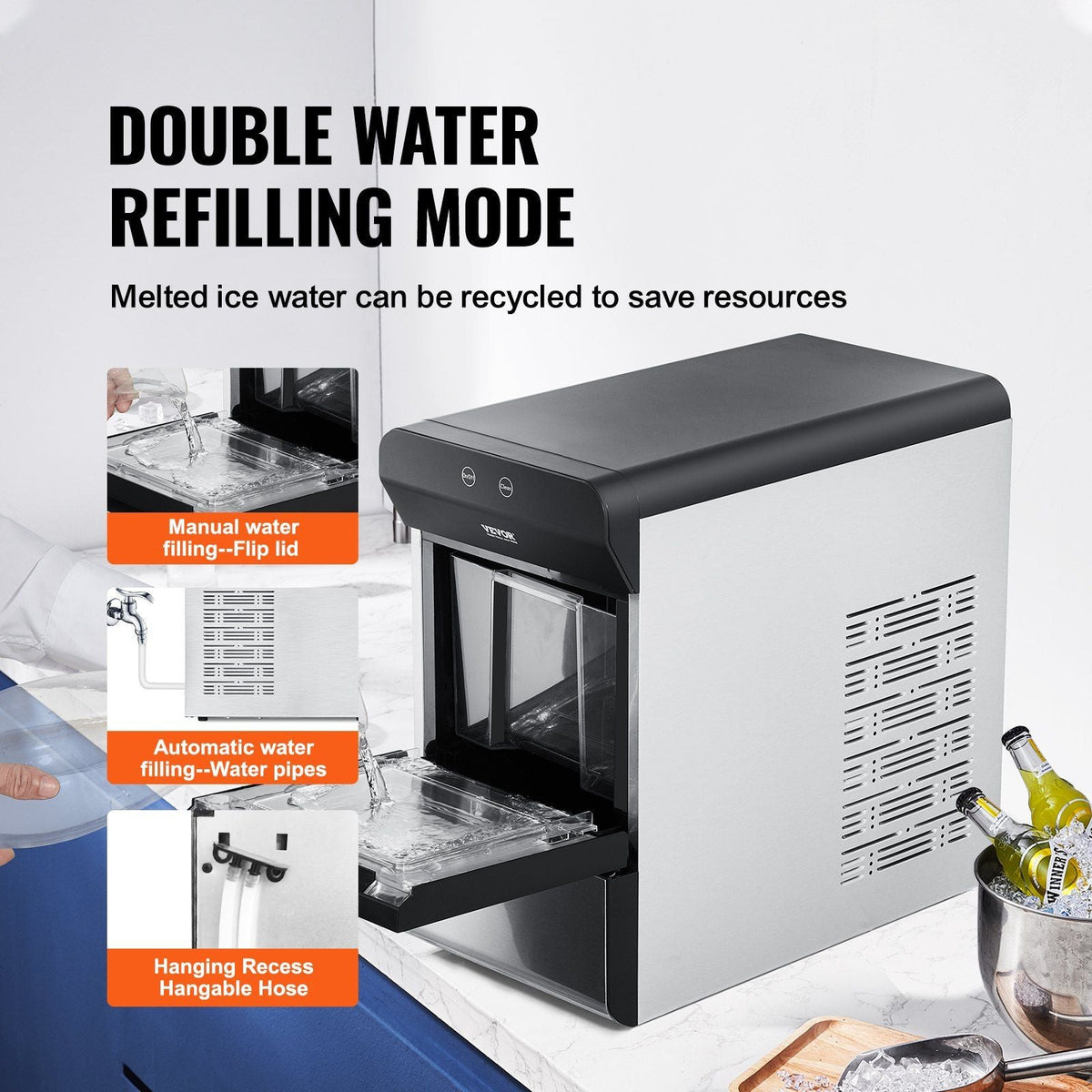 Countertop Ice Maker, 37lbs in 24Hrs, Auto Self-Cleaning Portable Ice Maker with Ice Scoop, Basket and Drainpipe, 2 Ways Water Refill Stainless Steel Ice Machine for Home Kitchen Office Party