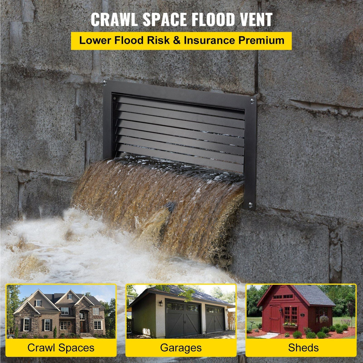 Crawl Space Flood Vent, 12" Height x 20" Width Foundation Flood Vent, to Reduce Foundation Damage and Flood Risk, Black, Wall Mounted Flood Vent,for Crawl Spaces,Garages & Full Height Enclosures