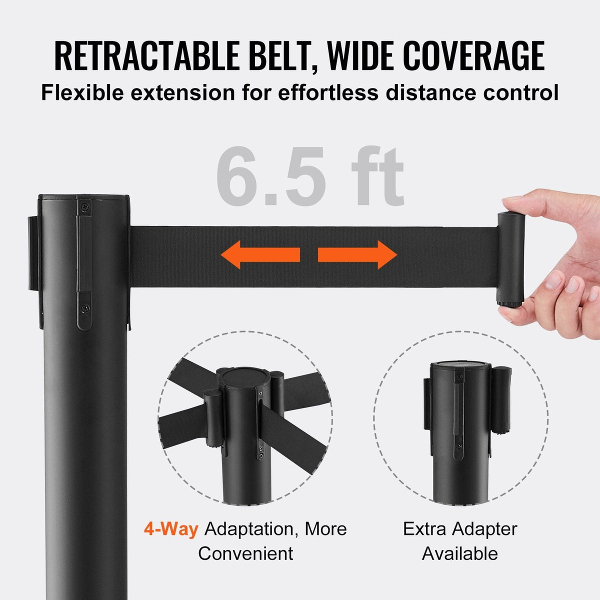 Crowd Control Stanchion, 6-Pack Crowd Control Barrier, Carbon Steel Baking Painted Stanchion Queue Post with 3PCS 6.5FT Retractable Belt & Fillable Base, Belt Barrier Line Divider, Easy Assembly