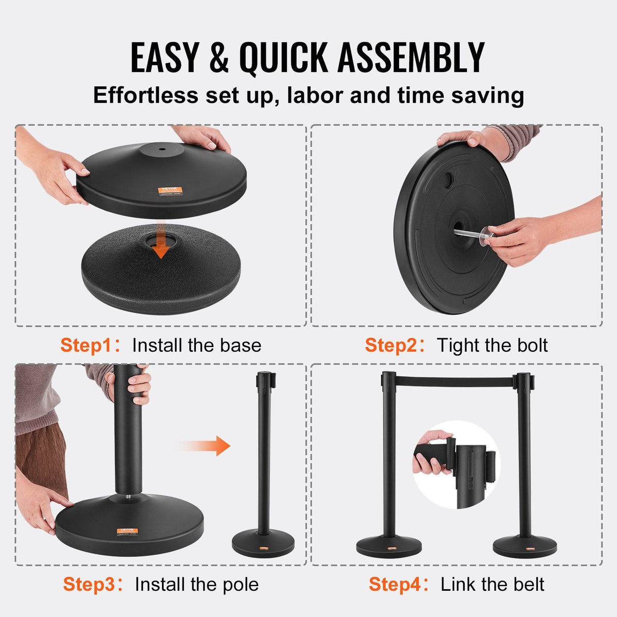 Crowd Control Stanchion, 6-Pack Crowd Control Barrier, Carbon Steel Baking Painted Stanchion Queue Post with 3PCS 6.5FT Retractable Belt & Fillable Base, Belt Barrier Line Divider, Easy Assembly