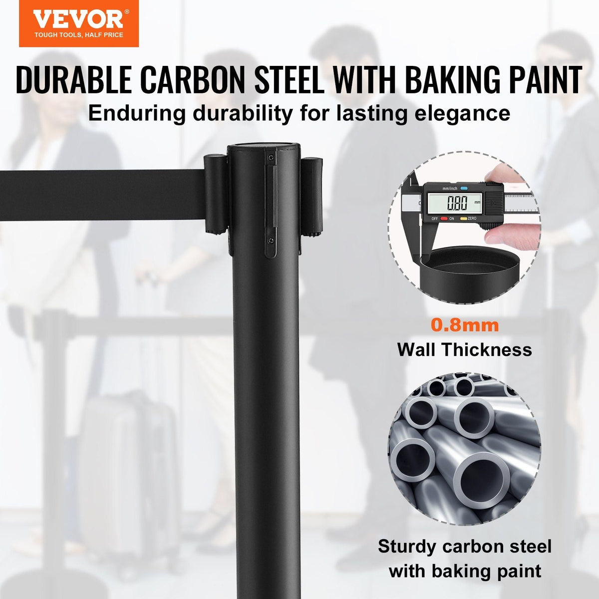 Crowd Control Stanchion, 6-Pack Crowd Control Barrier, Carbon Steel Baking Painted Stanchion Queue Post with 3PCS 6.5FT Retractable Belt & Fillable Base, Belt Barrier Line Divider, Easy Assembly