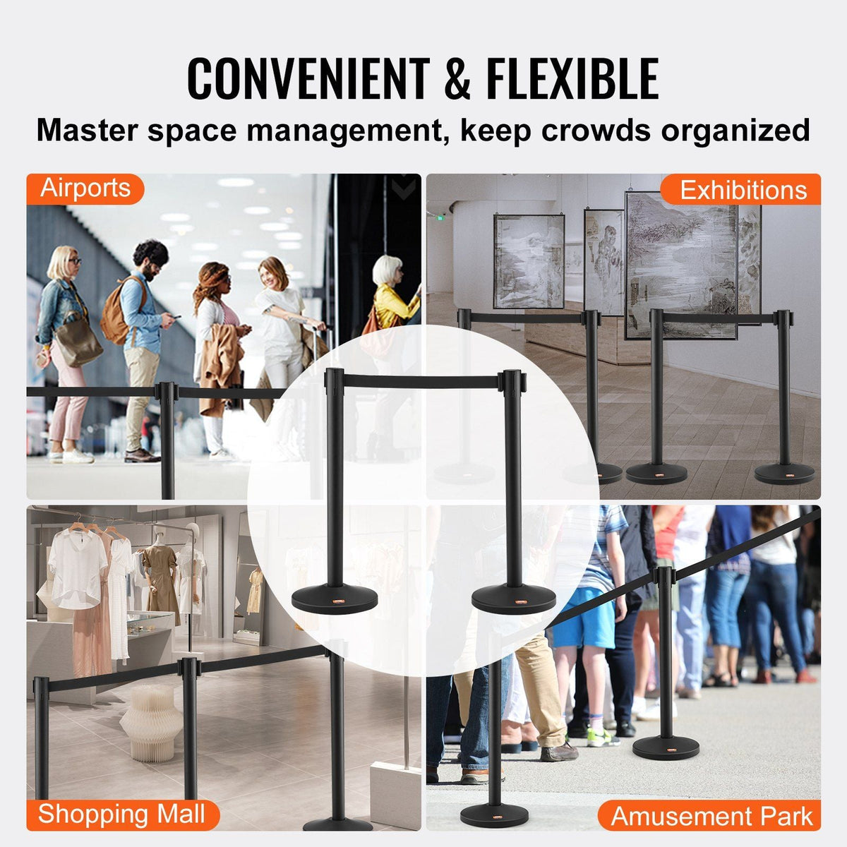 Crowd Control Stanchion, 6-Pack Crowd Control Barrier, Carbon Steel Baking Painted Stanchion Queue Post with 3PCS 6.5FT Retractable Belt & Fillable Base, Belt Barrier Line Divider, Easy Assembly