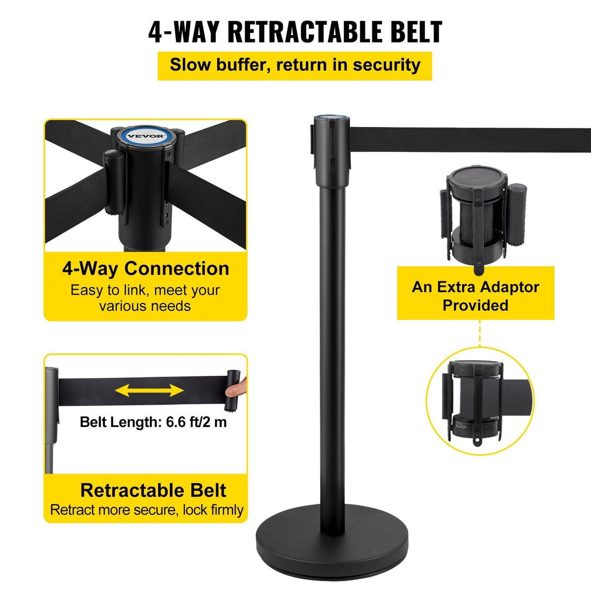Crowd Control Stanchion, Set of 4 Pieces Stanchion Set, Stanchion Set with 6.6 ft/2 m Black Retractable Belt, Black Crowd Control Barrier w/Concrete and Metal Base - Easy Connect Assembly