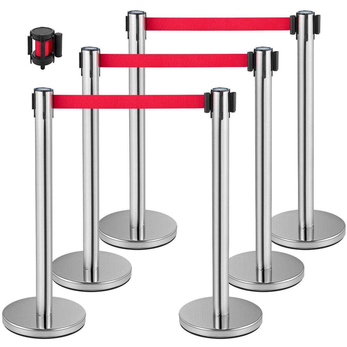 Crowd Control Stanchion, Set of 6 Pieces Stanchion Set, Stanchion Set w/ 6.6 ft/2 m Red Retractable Belt, Crowd Control Barrier w/Rubber Base – Easy Connect Assembly for Crowd Control (Silver)