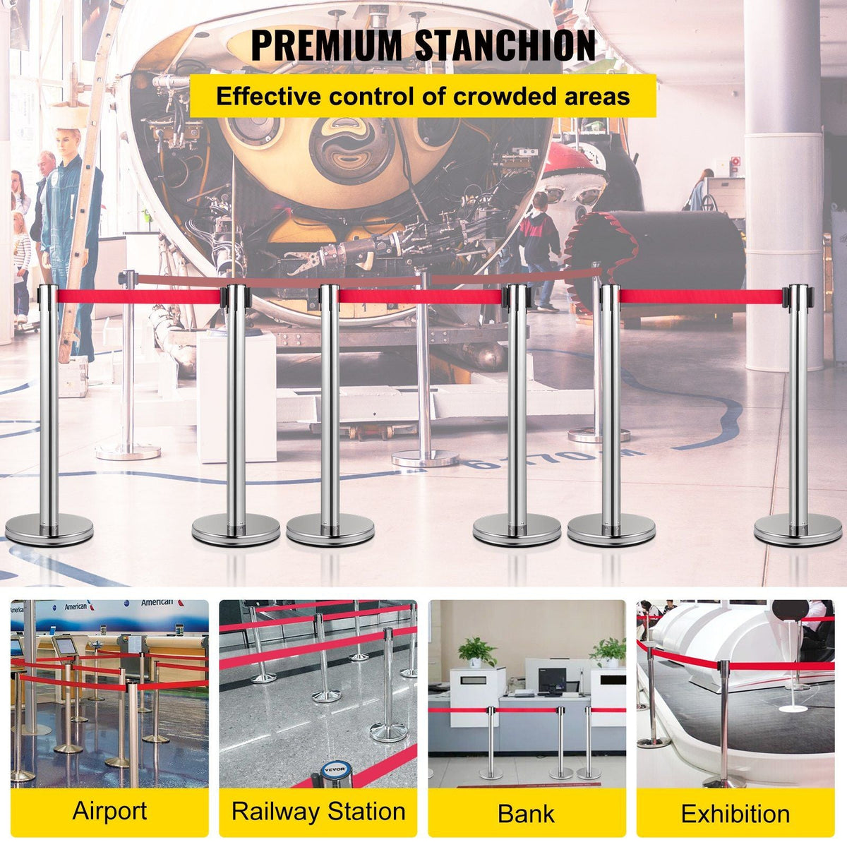 Crowd Control Stanchion, Set of 6 Pieces Stanchion Set, Stanchion Set w/ 6.6 ft/2 m Red Retractable Belt, Crowd Control Barrier w/Rubber Base – Easy Connect Assembly for Crowd Control (Silver)