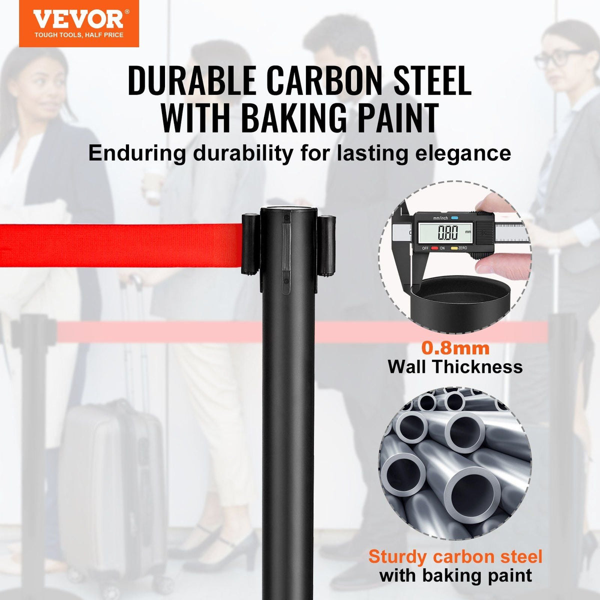 Crowd Control Stanchions, 2-Pack Crowd Control Barriers, Carbon Steel Baking Painted Stanchion Queue Post with 11FT Red Retractable Belt, Belt Barriers Line Divider for Exhibition, Airport